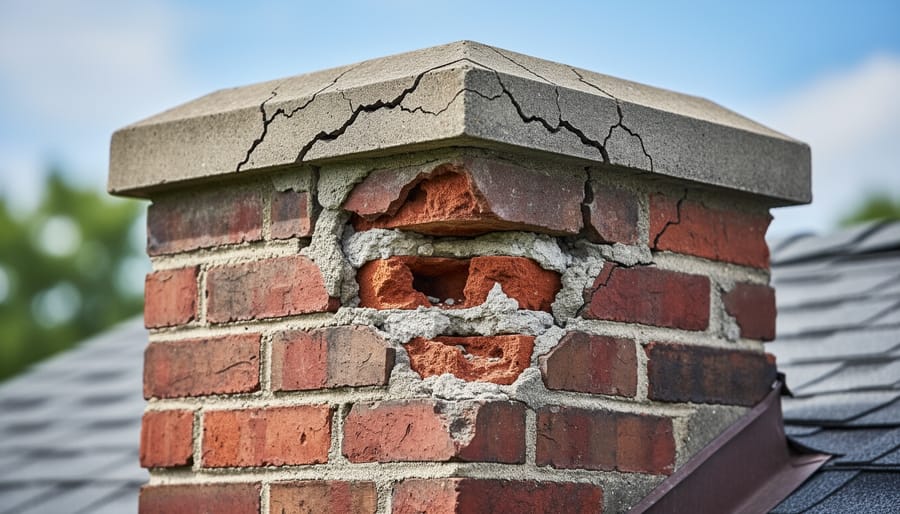 Brick chimney showing crumbling mortar joints and crown damage