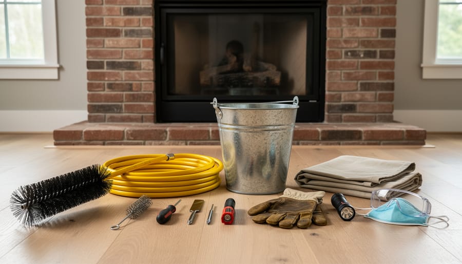 Essential chimney repair tools including trowel, wire brush, mortar, and safety equipment on workbench