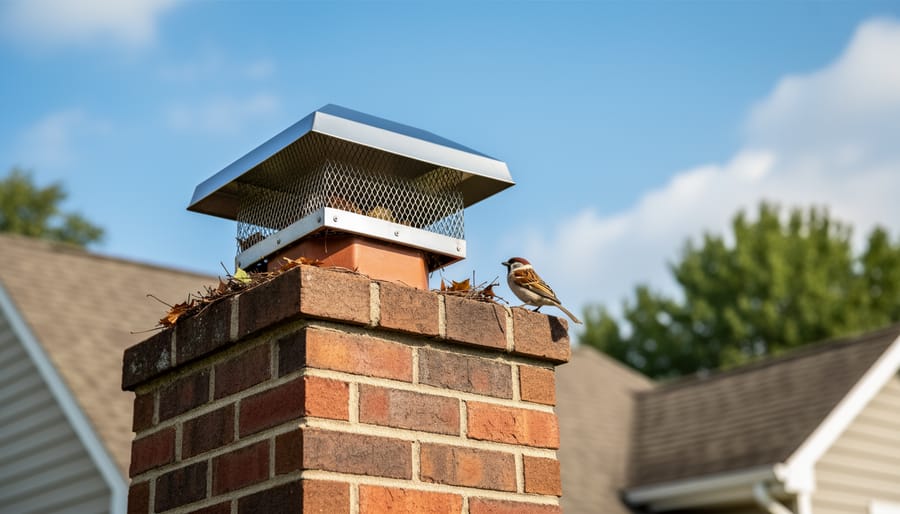 Stainless steel chimney cap with mesh screening installed on brick chimney