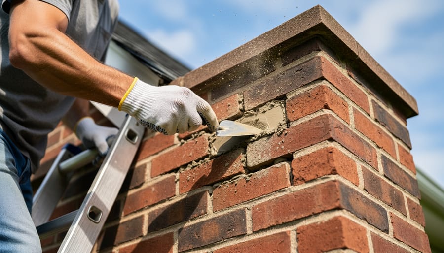 Close-up of hands applying mortar between chimney bricks with pointing trowel
