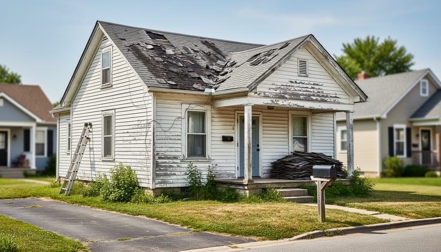 House exterior showing damaged roof shingles and water stains