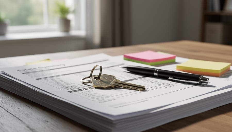 Person holding a house key next to utility bills near the open front door