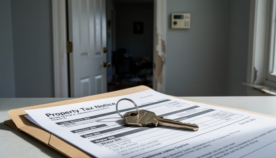 Close-up of a house key placed on utility bills and property tax paperwork near an open front door.