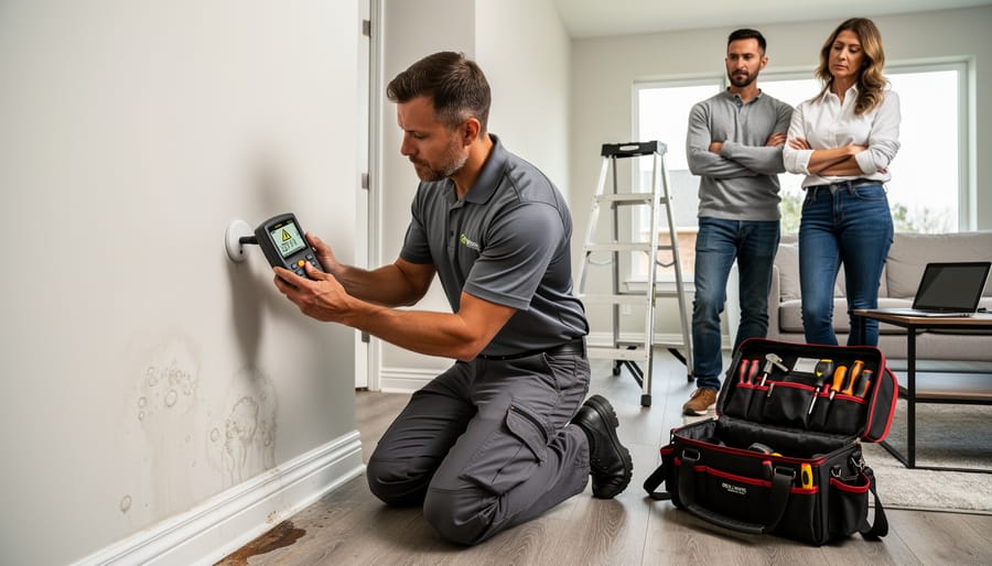 Home inspector examining damp basement concrete with flashlight